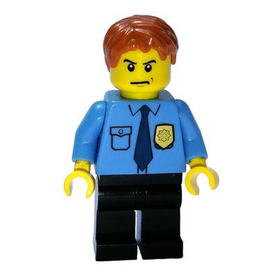 Minifigurka Policeman, Medium Blue Shirt with Badge and Tie, Black Legs, Dark Orange Hair z zestawu 7498