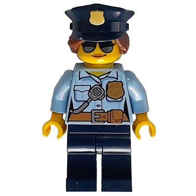 Figurine Policewoman, Bright Light Blue Shirt with Radio and Badge, Dark Blue Legs, Police Hat with Badge, Sunglasses du set 60141