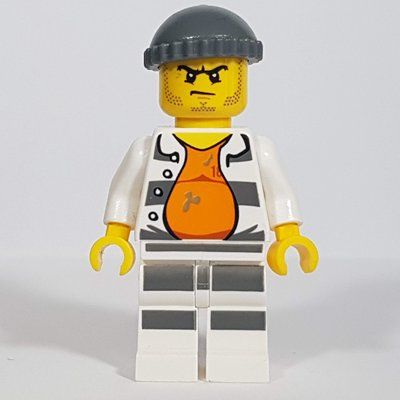Figurine Criminal Gary Goldrush, Open Prison Shirt #18675 over Orange Top, Dark Bluish Gray Hat, Stubble du set 60131