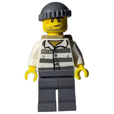 Figurine Criminal, Prison Shirt with #86753, Dark Bluish Gray Legs, Dark Bluish Gray Hat, Dark Tan Backpack, Stubble du set 60046