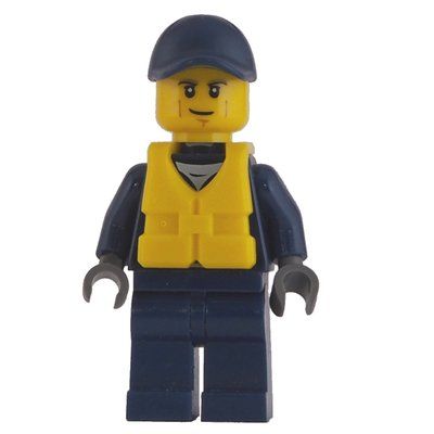 Minifigure Policeman, Dark Blue Jacket with Zipper, Badge, and 'POLICE' on Back, Dark Blue Cap, Yellow Life Vest from set 30227
