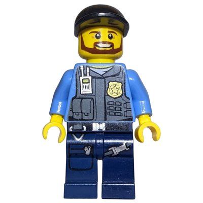 Minifigure Policeman, Dark Bluish Gray Vest with Radio, Badge and Pouches over Medium Blue Shirt, Black Cap, Beard del set 60008