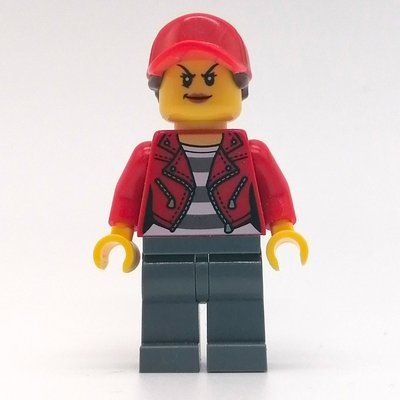 Minifigura Criminal, Woman, Open Red Jacket over Prison Shirt, Red Cap with Hair del set 40372