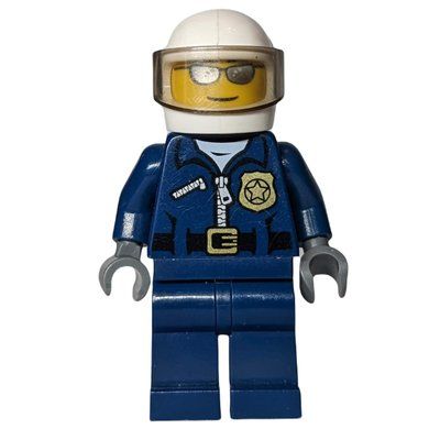 Figurine Policeman, Dark Blue Jacket with Zipper, Badge, and 'POLICE' on Back, White Helmet with Visor, Silver Sunglasses du set 60041