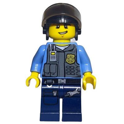 Figurine Policeman, Dark Bluish Gray Vest with Radio, Badge and Pouches over Medium Blue Shirt, Black Hat with Visor, Open Mouth du set 60009