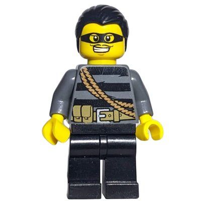 Minifigure Criminal, Black Striped Top with Rope, Black Hair, Black Eyemask del set 60008