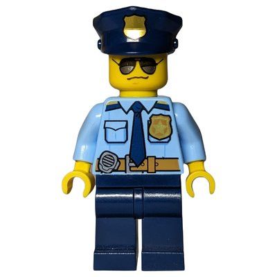 Figurine Policeman, Bright Light Blue Shirt with Dark Blue Tie, Badge, and Radio on Belt, Dark Blue Police Hat with Badge, Sunglasses du set 60138