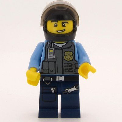 Figurine Policeman, Dark Bluish Gray Vest with Radio, Badge and Pouches over Medium Blue Shirt, Black Helmet with Visor, Open Mouth du set 60007