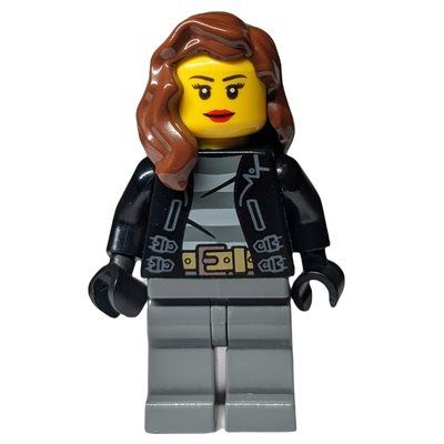 Minifigur Criminal, Woman, Open Black Jacket over Prison Shirt, Reddish Brown Hair aus Set 60042