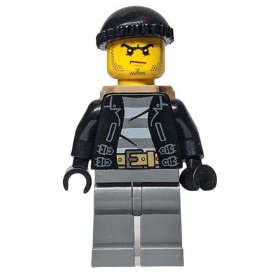Minifigur Criminal, Open Black Jacket over Prison Shirt, Dark Bluish Grey Legs, Black Hat, Dark Tan, Stubble aus Set 60047