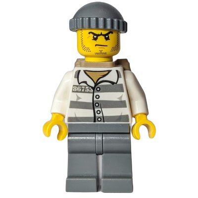 Figurine Criminal, Prison Shirt with #86753, Dark Bluish Gray Legs, Dark Bluish Gray Hat, Dark Tan Backpack du set 60049