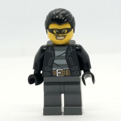 Figurine Criminal, Open Black Jacket over Prison Shirt, Dark Bluish Grey Legs, Black Hair, Black Eyemask du set 60048