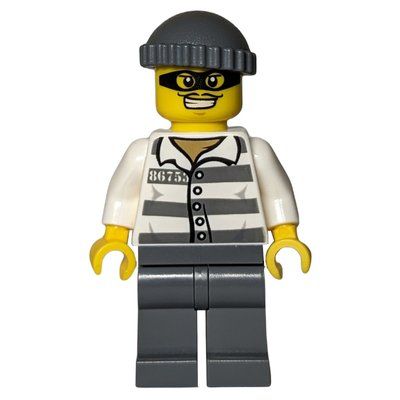 Minifigur Criminal, Prison Shirt with #86753, Dark Bluish Gray Legs, Dark Bluish Gray Hat, Black Eyemask aus Set 60047