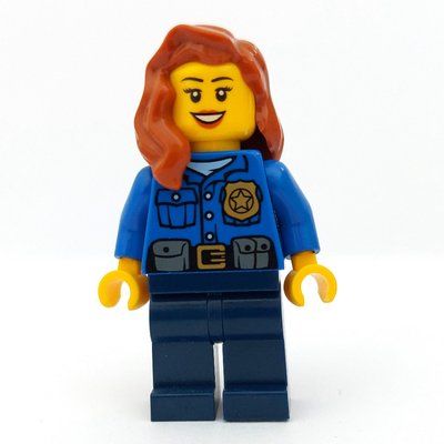 Minifigur Policewoman, Blue Shirt with Badge and Pouches, Dark Blue Legs, Dark Orange Hair aus Set 60047