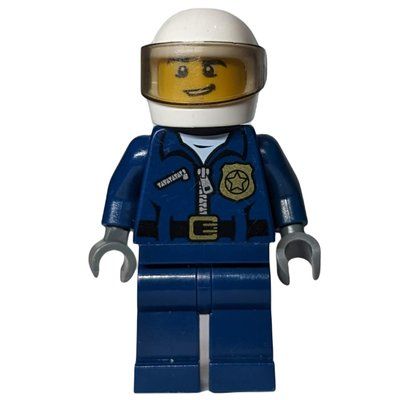 Minifigur Policeman, Dark Blue Jacket with Zipper, Badge, and 'POLICE' on Back, White Helmet with Visor, Open Mouth aus Set 60047