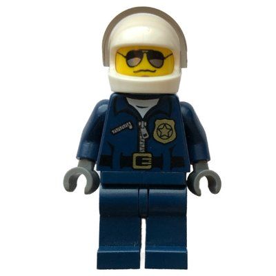 Minifigur Policeman, Dark Blue Jacket with Zipper, Badge, and 'POLICE' on Back, White Helmet with Visor, Sunglasses aus Set 60047