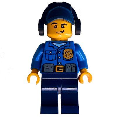 Figurine Policeman, Blue Shirt with Badge and Pouches, Dark Blue Legs, Dark Blue Cap with Ear Defenders du set 60046