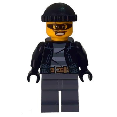 Figurine Criminal, Open Black Jacket over Prison Shirt, Dark Bluish Grey Legs, Black Hat, Black Eyemask du set 60046