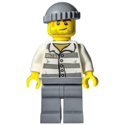 Figurine Criminal, Prison Shirt with #86753, Dark Bluish Gray Legs, Dark Bluish Gray Hat, Stubble and Scar du set 60044