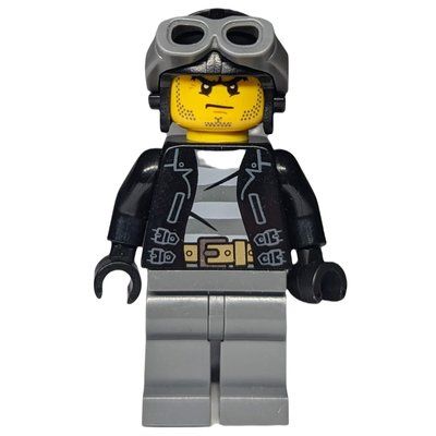 Minifigura Criminal, Open Black Jacket over Prison Shirt, Dark Bluish Grey Legs, Black Hat with Goggles del set 60043