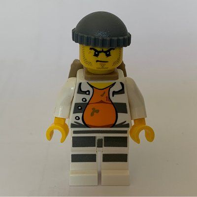Figurine Criminal, Open Prison Shirt #18675 over Orange Top, Dark Bluish Gray Hat, Dark Tan Backpack, Stubble du set 60127