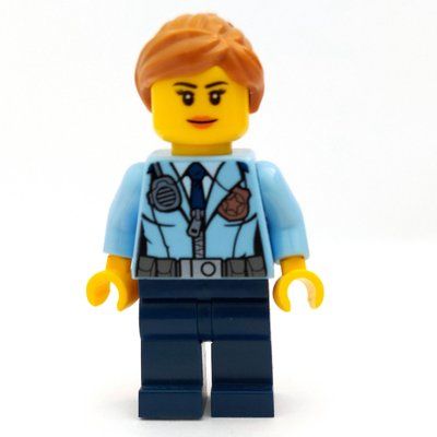Figurine Policewoman, Bright Light Blue Jacket with Zipper, Radio, Badge, and Tie, Dark Blue Legs, Medium Nougat Hair du set 60127