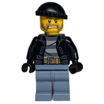 Figurine Criminal, Open Black Jacket over Prison Shirt, Sand Blue Legs, Black Hat, Beard du set 60127