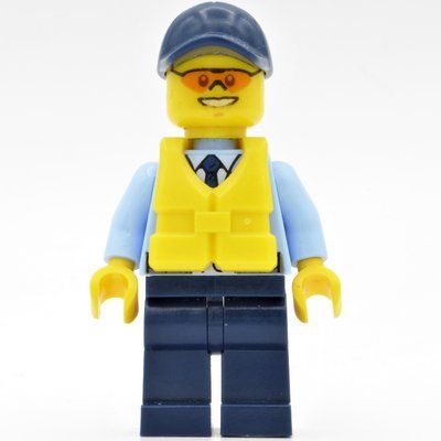 Figurine Policeman, Bright Light Blue Jacket with Zipper, Radio, Badge, and Tie, Dark Blue Legs, Dark Blue Cap, Yellow Life Vest, Orange Sunglasses du set 60126