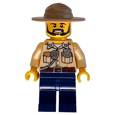 Figurine Swamp Police / Ranger, Tan Shirt with Badge and Radio, Dark Blue Legs, Dark Tan Campaign Hat, Beard du set 60066