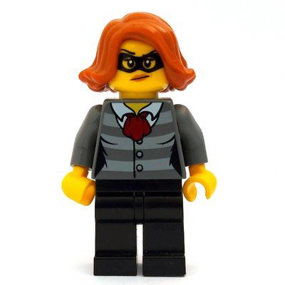 Figurine Criminal, Woman, Prison Shirt with Dark Red Scarf, Dark Orange Hair, Black Eyemask du set 60139