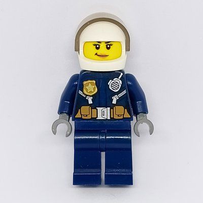 Figurine Policewoman, Dark Blue Jacket with Radio, Badge, and Belt with Pouches, White Helmet with Trans-Brown Visor, Smirk (3626cpr2113 Head) du set 60137
