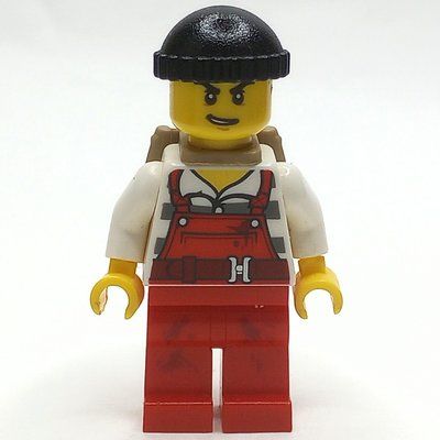 Figurine Criminal Joe Frankfurter, Red Overalls over Prison Shirt, Black Hat, Dark Tan Backpack du set 60136