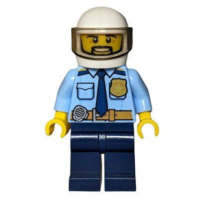 Figurine Policeman, Bright Light Blue Shirt with Dark Blue Tie, Badge, and Radio on Belt, White Helmet with Visor, Beard du set 60135