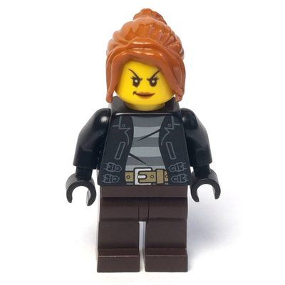 Minifigura Criminal, Woman, Open Black Jacket over Prison Shirt, Dark Brown Legs, Dark Orange Hair del set 60130