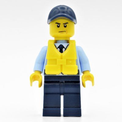 Figurine Policeman, Bright Light Blue Jacket with Zipper, Radio, Badge, and Tie, Dark Blue Legs, Dark Blue Cap, Yellow Life Vest du set 60129