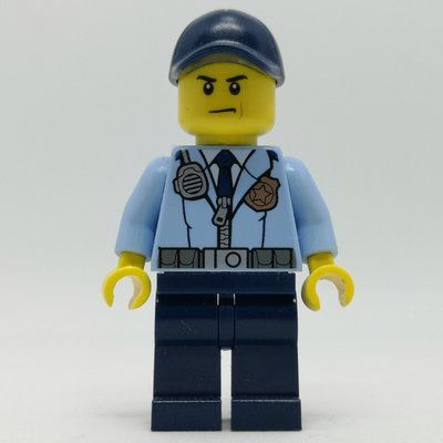 Figurine Policeman, Bright Light Blue Jacket with Zipper, Radio, Badge, and Tie, Dark Blue Legs, Dark Blue Cap du set 60128