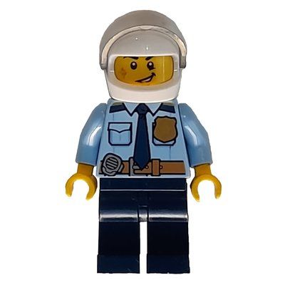 Figurine Policeman, Bright Light Blue Shirt with Dark Blue Tie, Badge, and Radio on Belt, White Helmet with Visor, Scar du set 60141