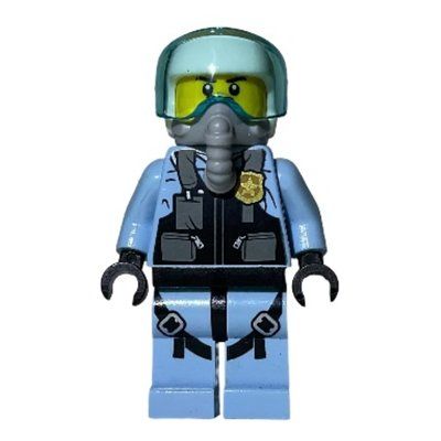Minifigure Policeman, Pilot, Black Vest with Badge and Pouches, White Helmet with Visor, Breathing Apparatus del set 60210
