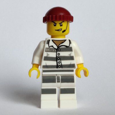 Minifigure Criminal, Prison Shirt with #86753, Dark Red Hat, Headset from set 60207