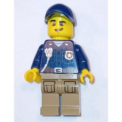 Minifigure Policeman, Dark Blue Shirt with Radio and Badge, Dark Tan Legs, Dark Blue Cap from set 60172