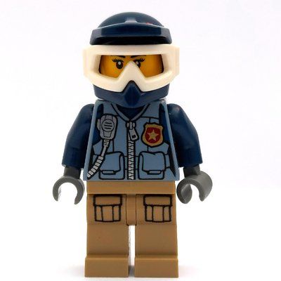 Minifigure Policewoman, Sand Blue Vest with Zipper, Radio, Badge and Pouches, Tan Legs, Dark Blue Dirt Bike Helmet with Goggles from set 60172