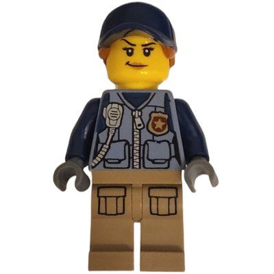Figurine Policewoman, Sand Blue Vest with Zipper, Radio, Badge and Pouches, Tan Legs, Dark Blue Cap with Hair du set 60171
