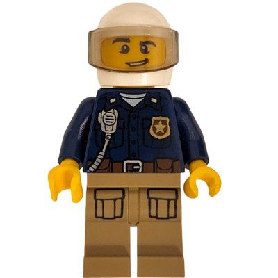 Figurine Policeman, Dark Blue Shirt with Radio and Badge, Dark Tan Legs, White Helmet with Visor du set 60171