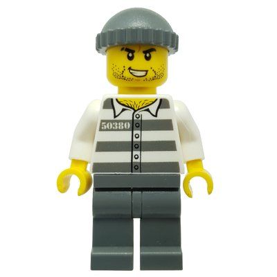 Minifigura Criminal, Prison Shirt with #50380, Dark Bluish Gray Legs, Dark Bluish Gray Hat, Stubble del set 60270