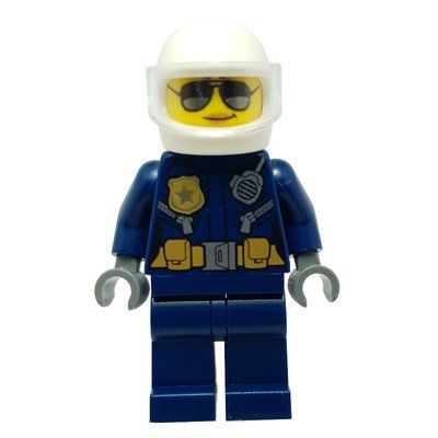 Minifigura Policewoman, Dark Blue Jacket with Radio, Badge, and Belt with Pouches, White Helmet with Trans-Clear Visor, Sunglasses del set 60270