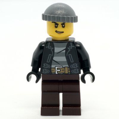Minifigurka Criminal, Open Black Jacket over Prison Shirt, Dark Brown Legs, Dark Bluish Gray Hat z zestawu 60245