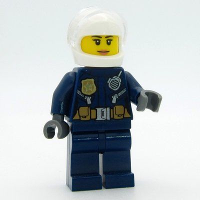 Minifigurka Policewoman, Dark Blue Jacket with Radio, Badge, and Belt with Pouches, White Helmet with Trans-Clear Visor z zestawu 60245