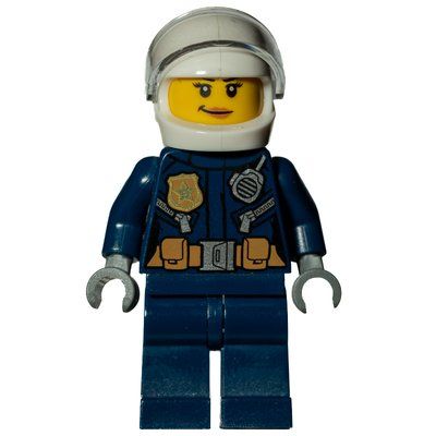 Figurine Policewoman, Dark Blue Jacket with Radio, Badge, and Belt with Pouches, White Helmet with Trans-Clear Visor, Smirk du set 60243