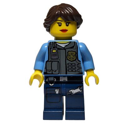 Figurine Policewoman, Dark Bluish Gray Vest with Radio, Badge and Pouches over Medium Blue Shirt, Dark Brown Hair du set 850617