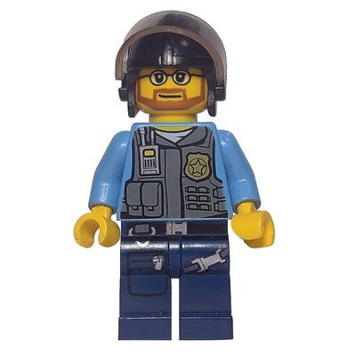 Figurine Policeman, Dark Bluish Gray Vest with Radio, Badge and Pouches over Medium Blue Shirt, Black Helmet with Visor, Beard and Glasses du set 850617